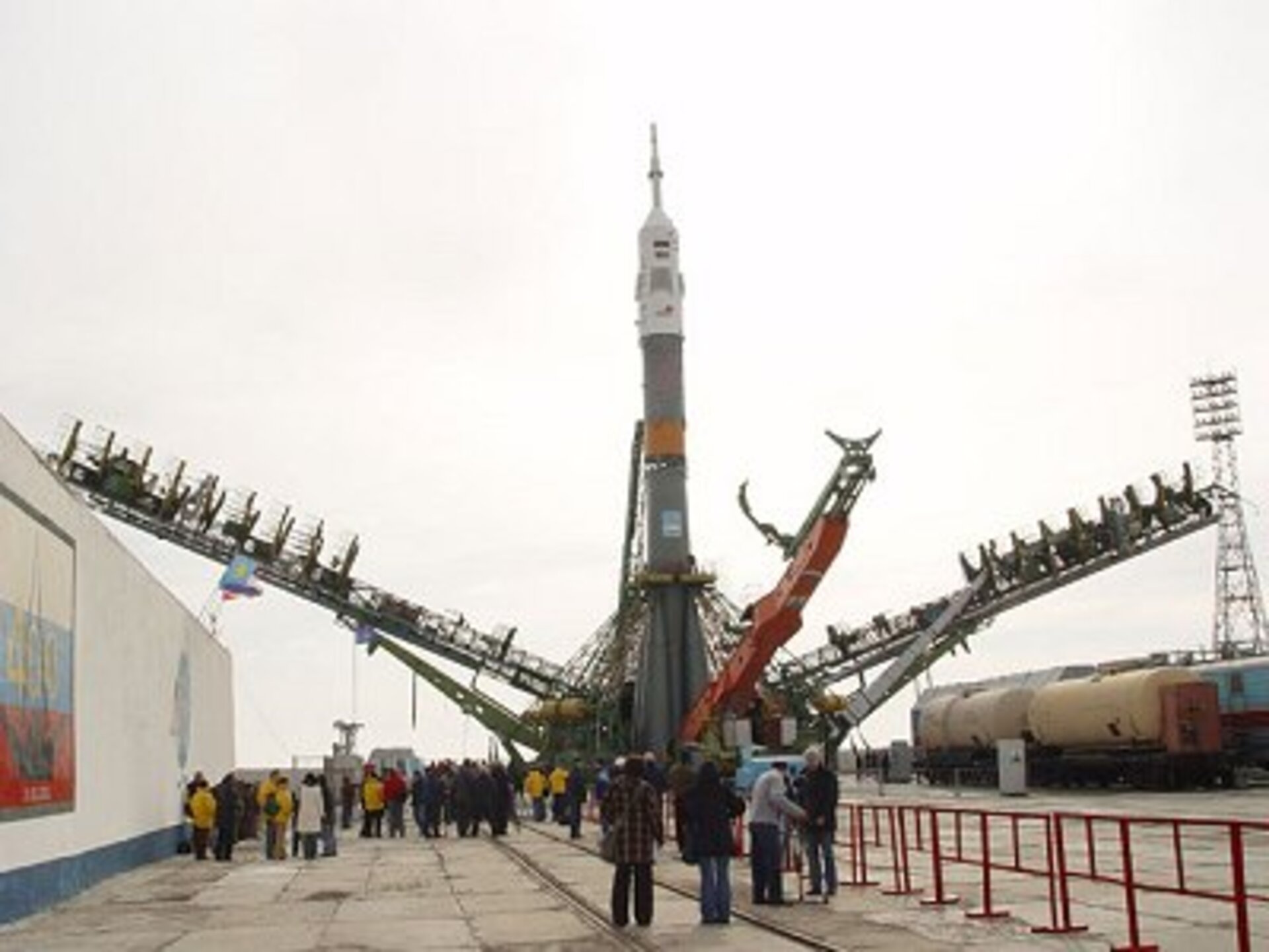 Soyuz launcher stands upright on the launch pad