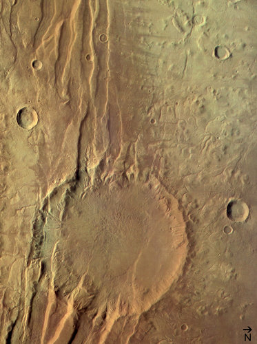 (4) Disrupted crater at Acheron Fossae, colour