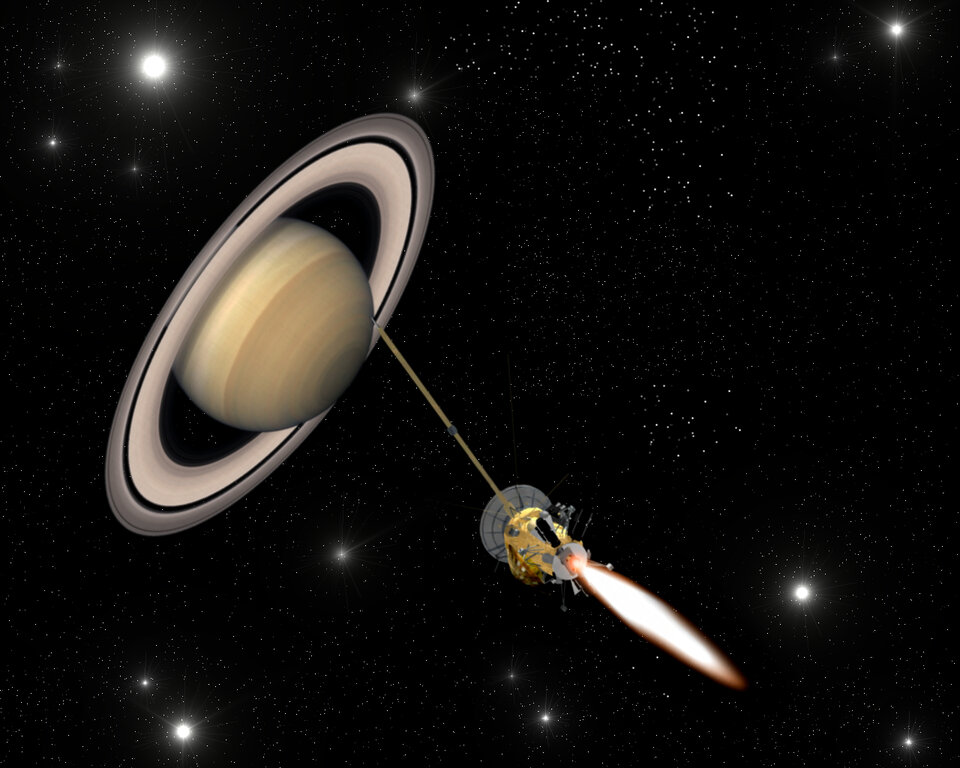 Artist's impression of Cassini-Huygens closing in on Saturn