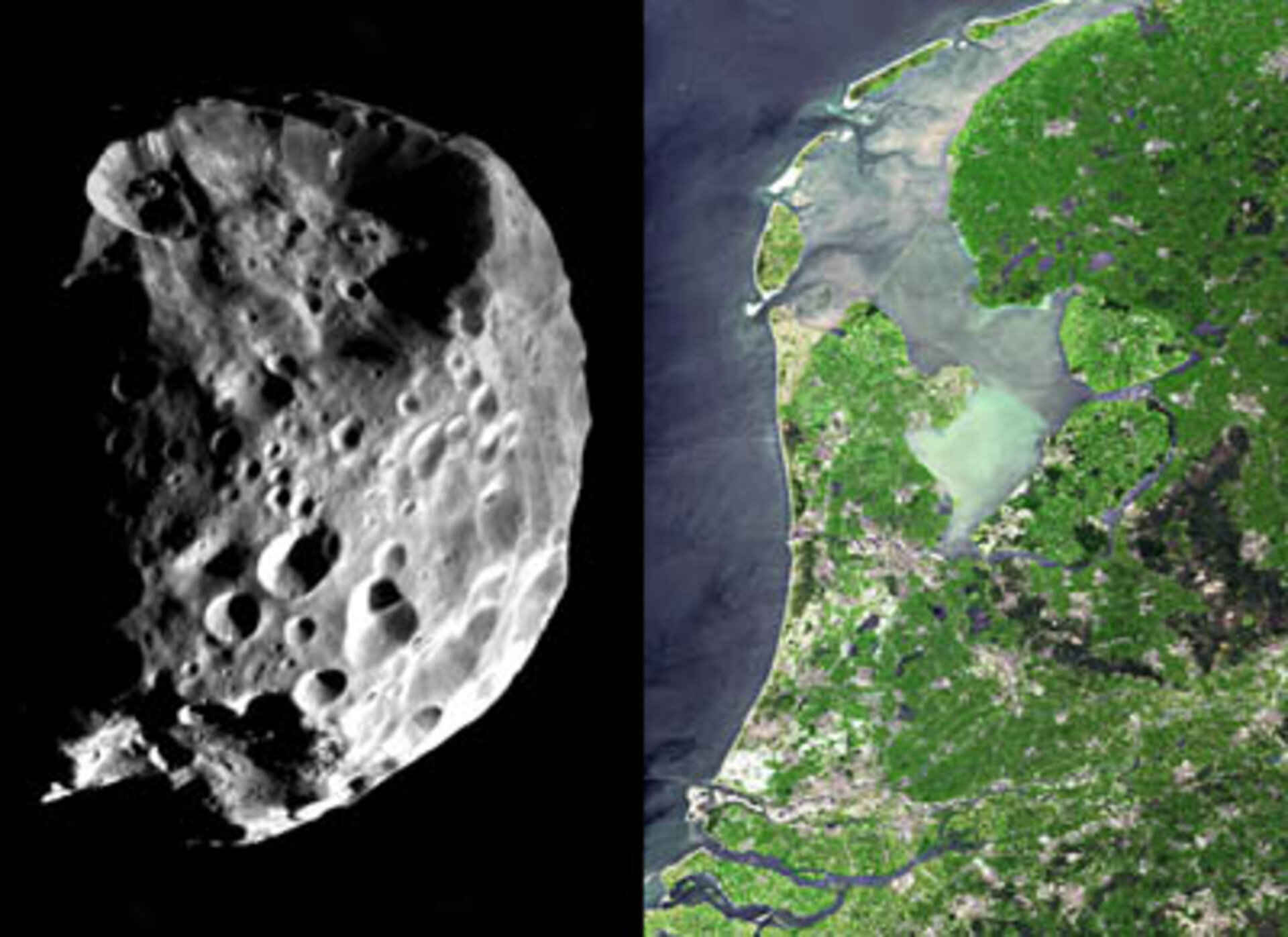 De afmetingen van de merkwaardige Saturnusmaan Phoebe vergeleken met Nederland