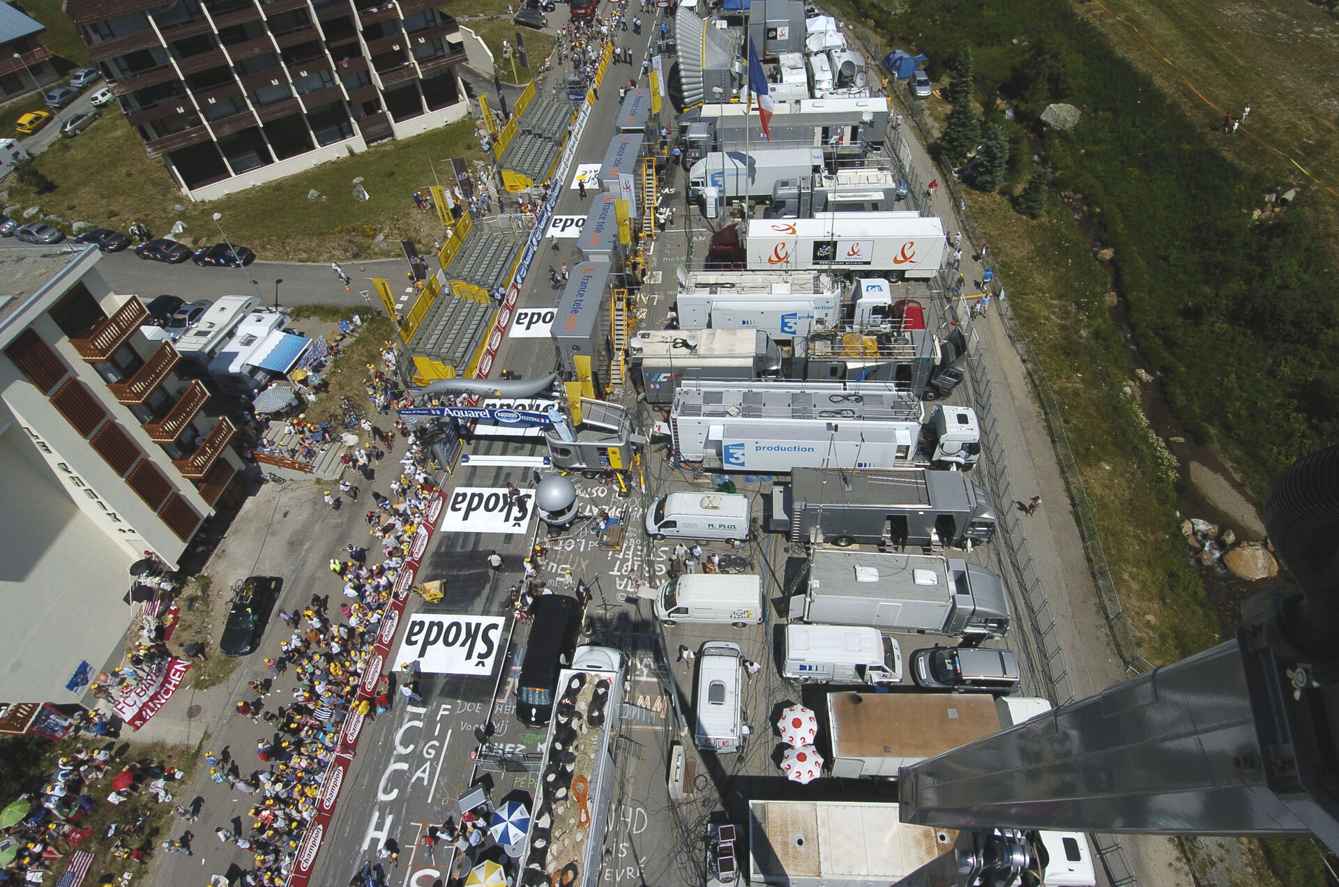 The technical zone of Tour de france at the arrival in Alpe d'Huez
