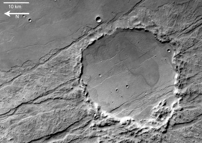 Claritas Fossae crater detailed view,  black and white