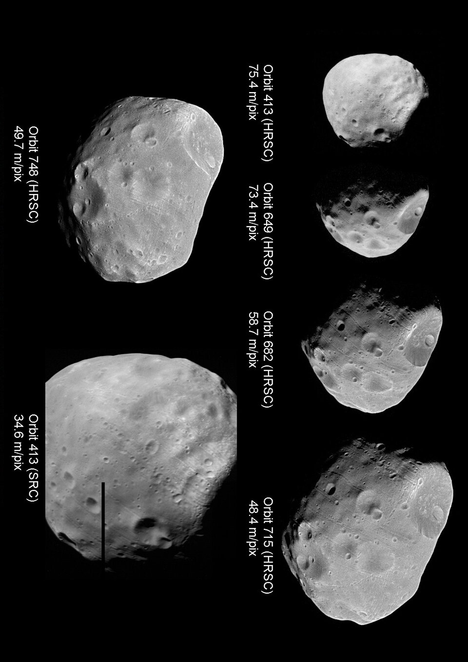 Collection of Phobos images from different orbit passes