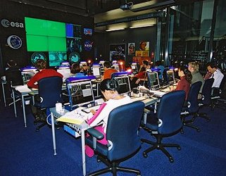 Filming for 'Space Odyssey' in ESA's futuristic control centre at ESTEC