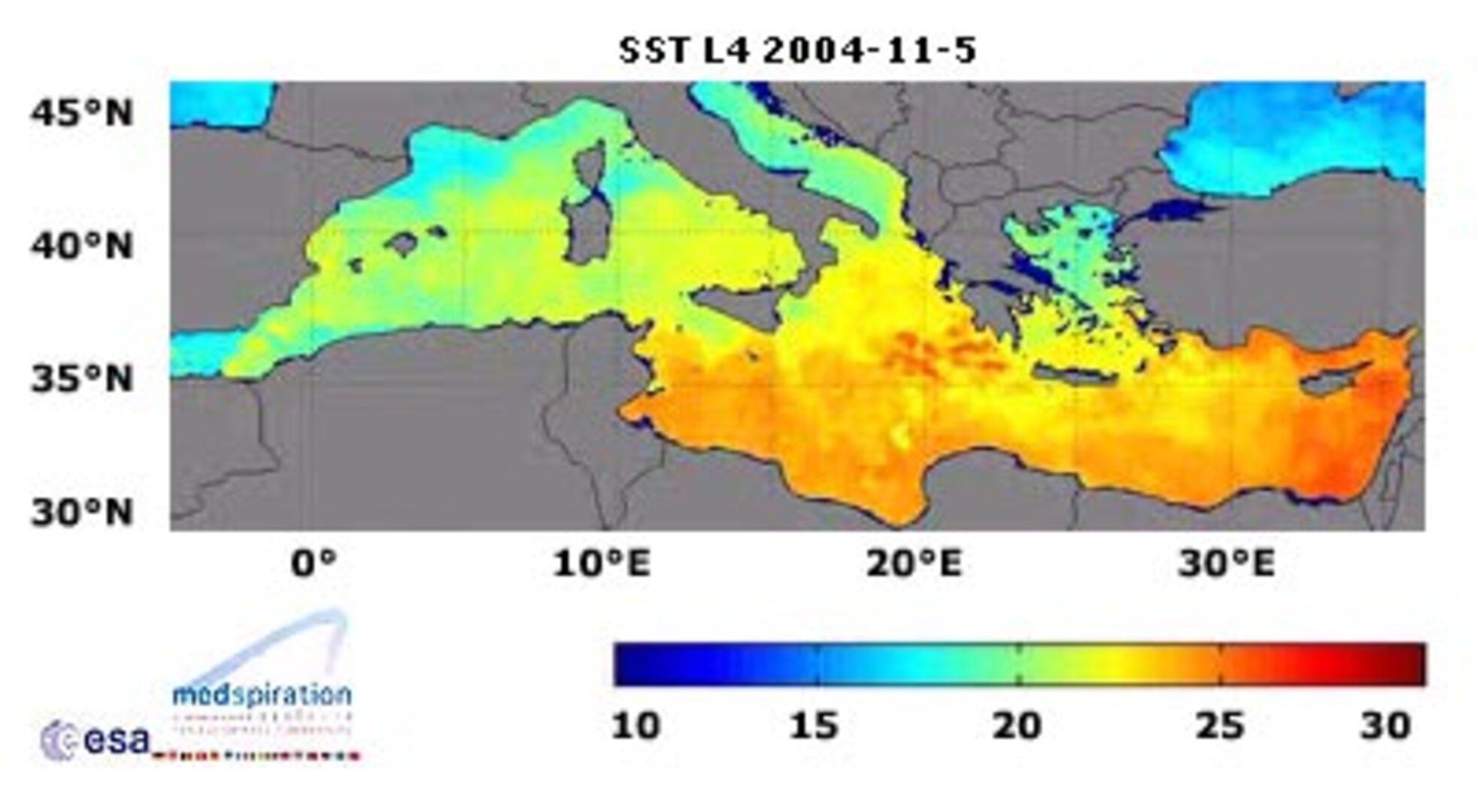Mediterranean sea surface temperature map