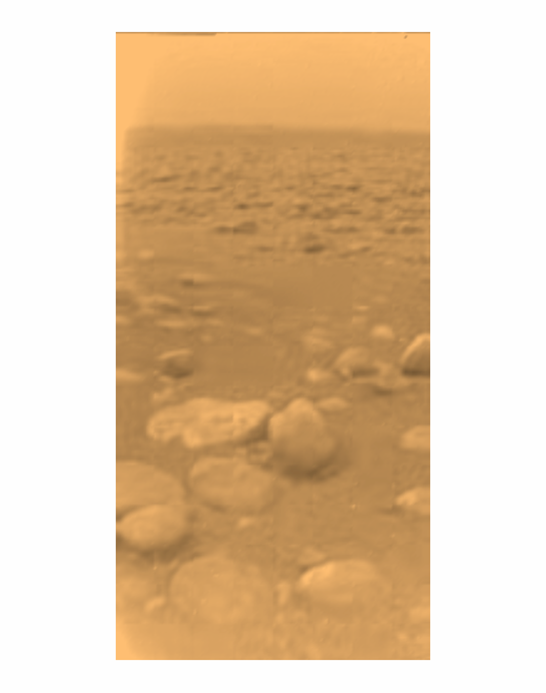 Dit historische beeld van het oppervlak van Titan maakte Huygens in januari 2005