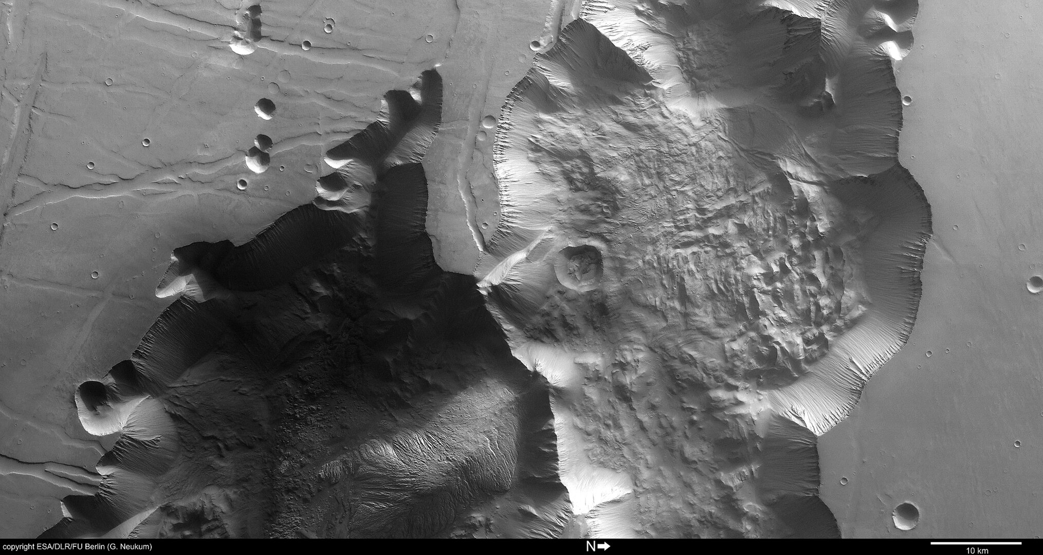 Black and white view of Tithonium Chasma
