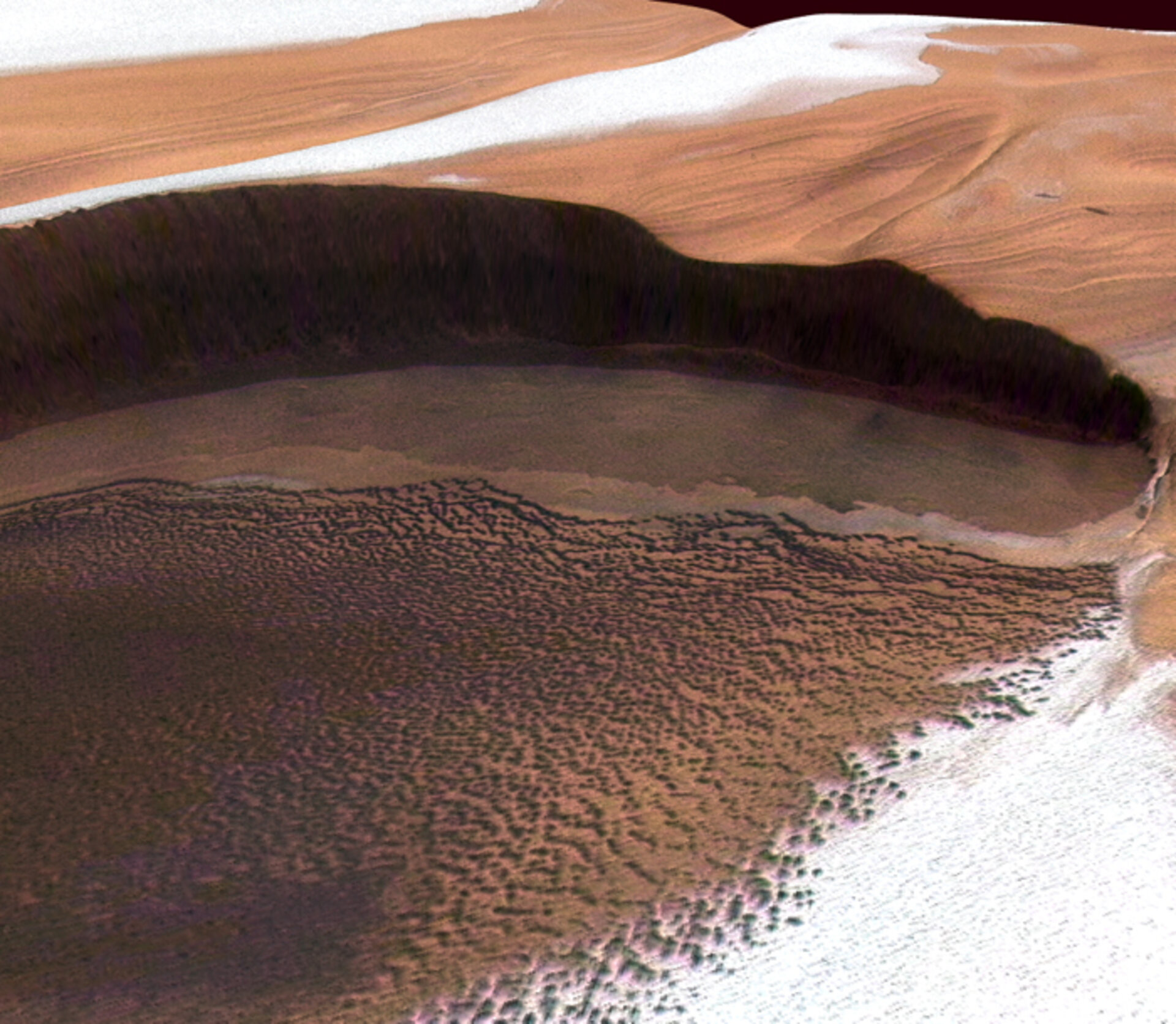 Ijs en stof op de noordpool van Mars, gefotografeerd door ESA's Marssonde Mars Express