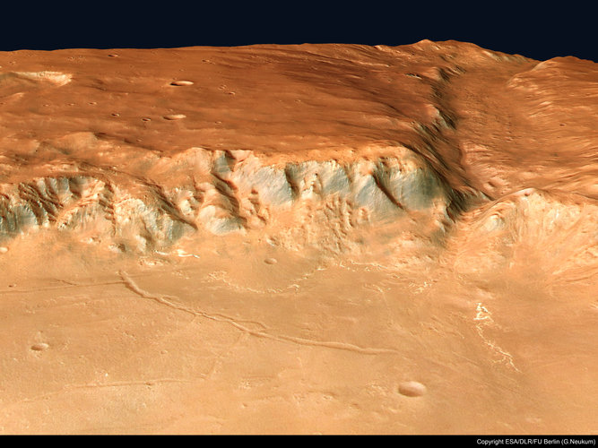 Perspective view of Crater Holden and Uzboi Vallis, looking south