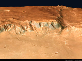 Perspective view of Crater Holden and Uzboi Vallis, looking south