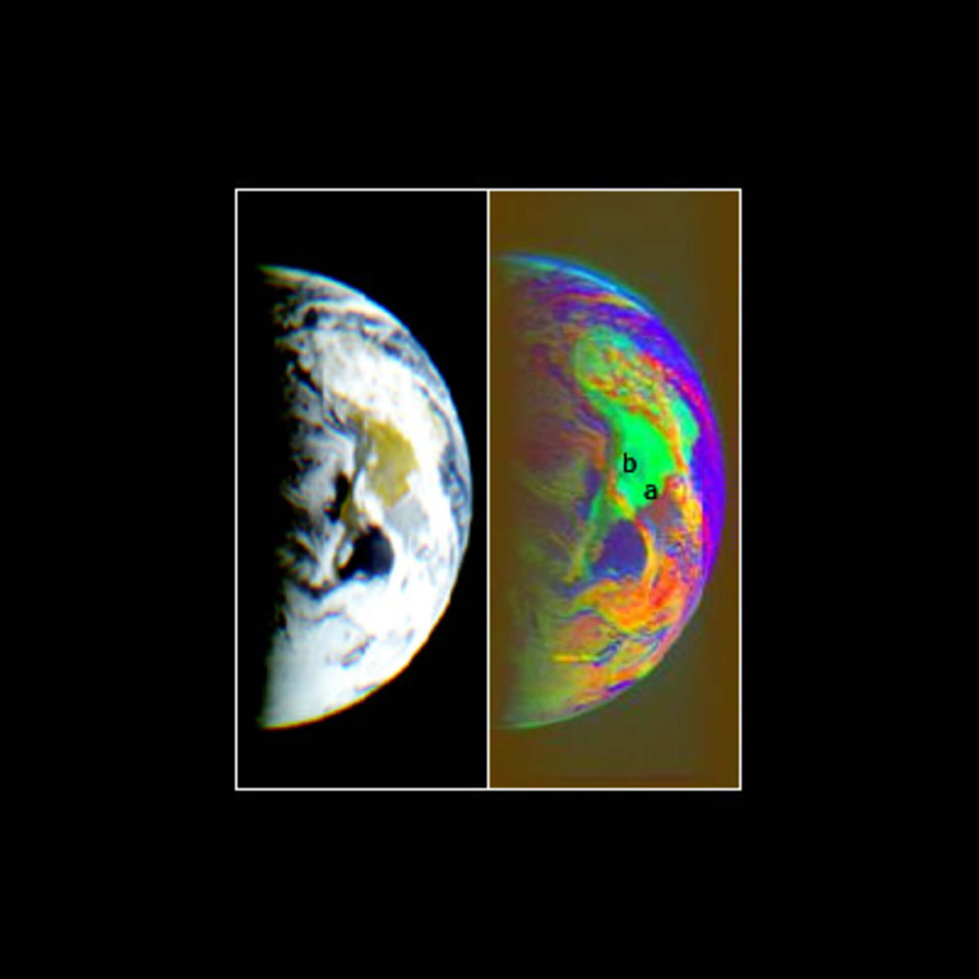 Jorden fotograferet af Rosetta ved passagen for nyligt. Gengivet både i naturtro og kunstige farver.