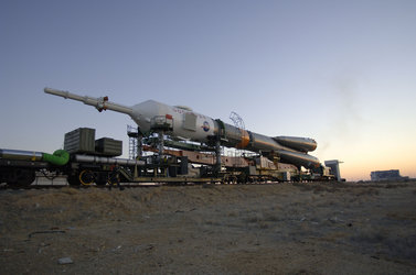 Soyuz FG launcher is transferred to the launch pad