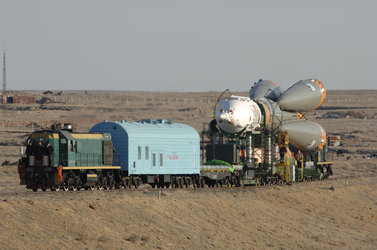 The Soyuz FG launcher is transferred to the launch pad
