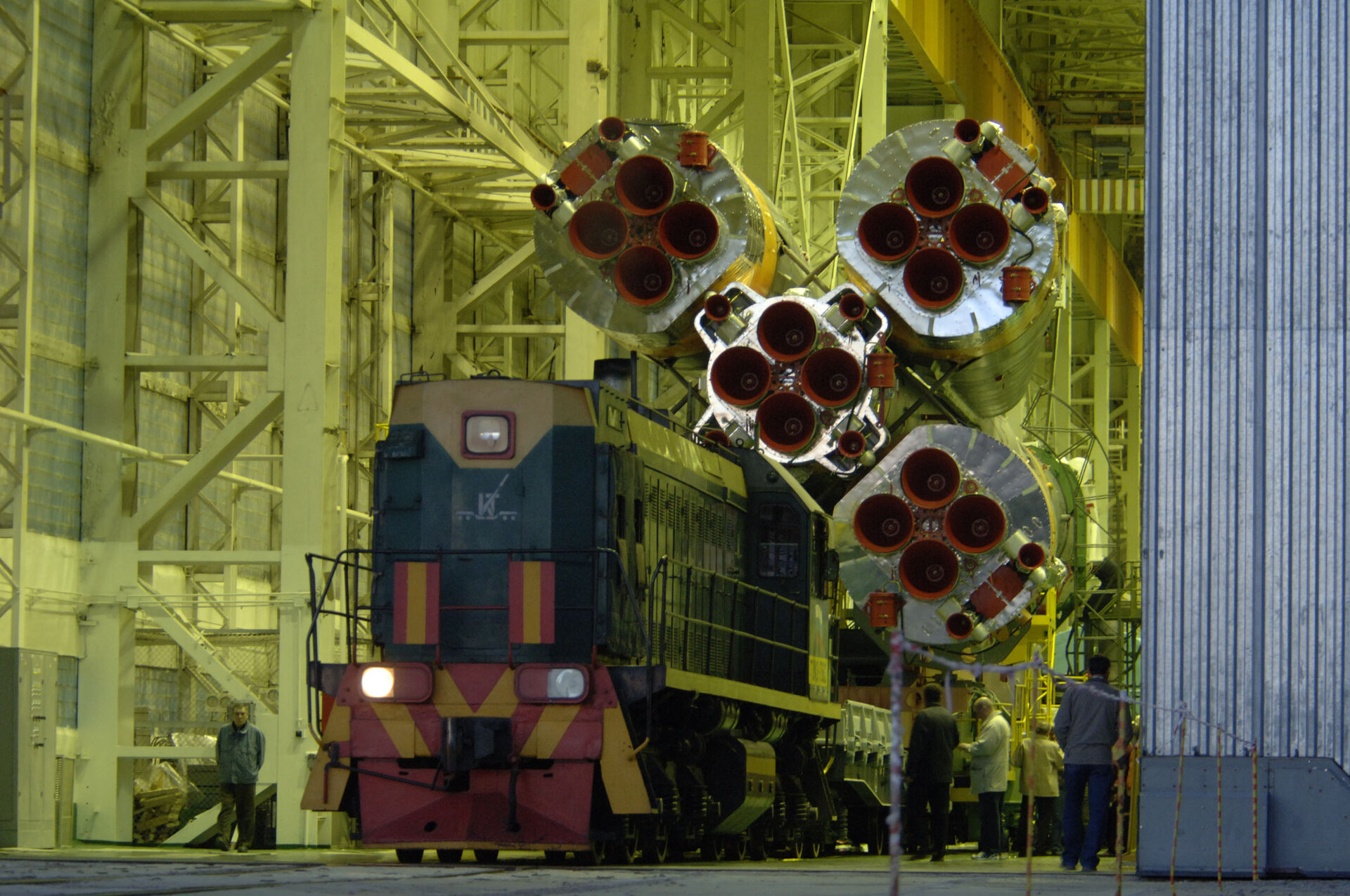 The Soyuz launcher is transported to the launch pad by train