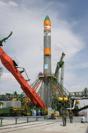 The Soyuz-U stands on the launch pad at Baikonur Cosmodrome