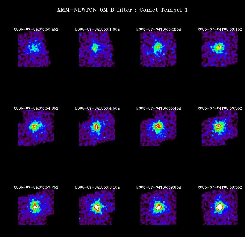 Opnamen van komeet 9P/Tempel 1 door ESA's ruimteobservatorium XMM-Newton, vanaf twee minuten voor de inslag tot zeven minuten na de inslag