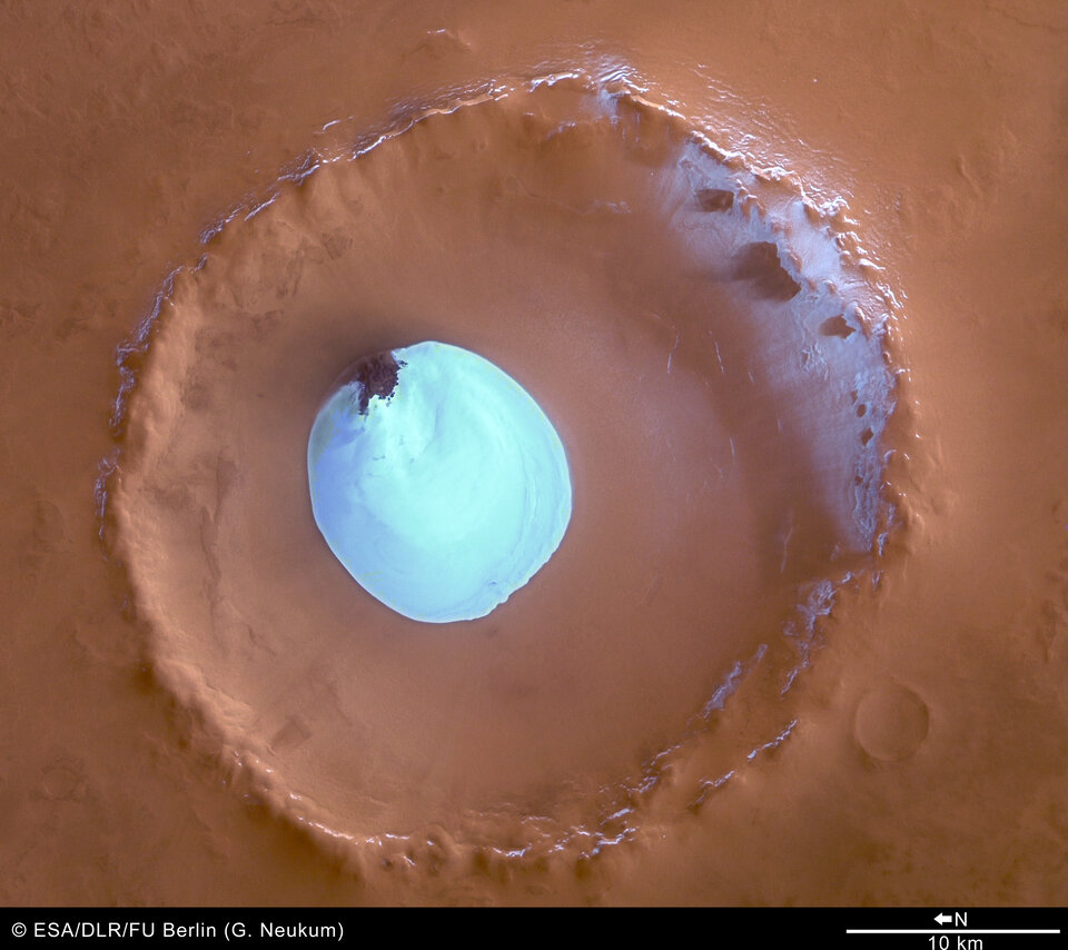 Colour view of crater with water ice