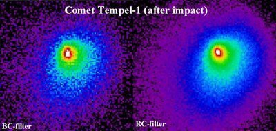 Polvo del cometa 9P/ Tempel 1 obtenidas con el telescopio OGS (filtros azul/rojo)