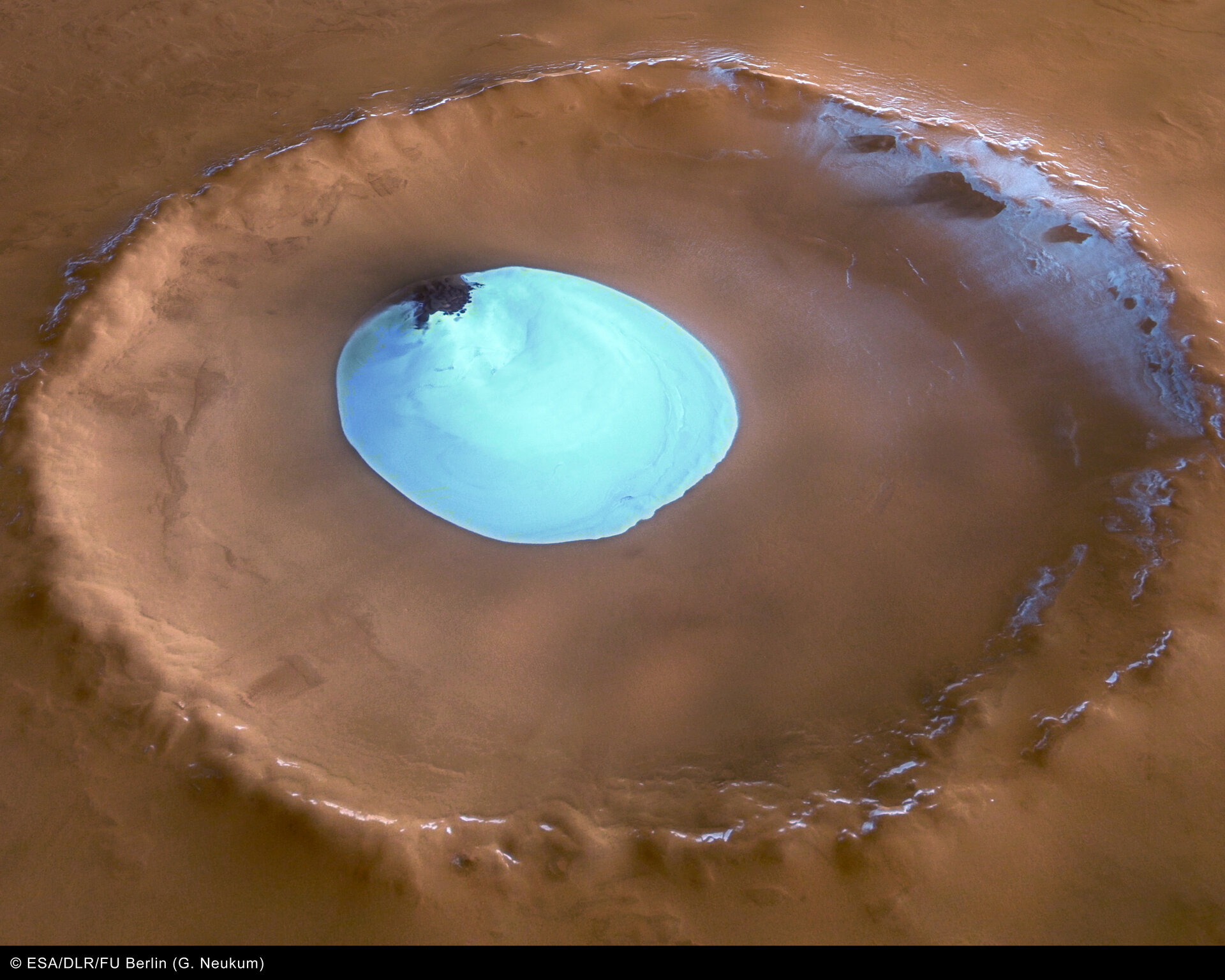 Perspective view of crater with water ice - looking east