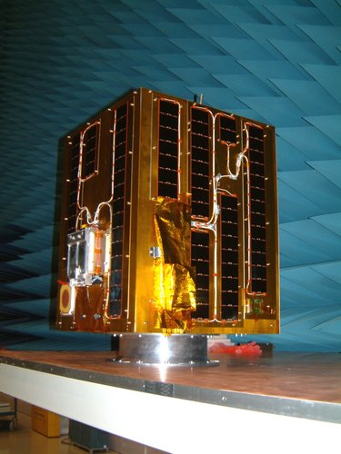 Satellite in the anechoic chamber, ready for electromagnetic compatibility testing