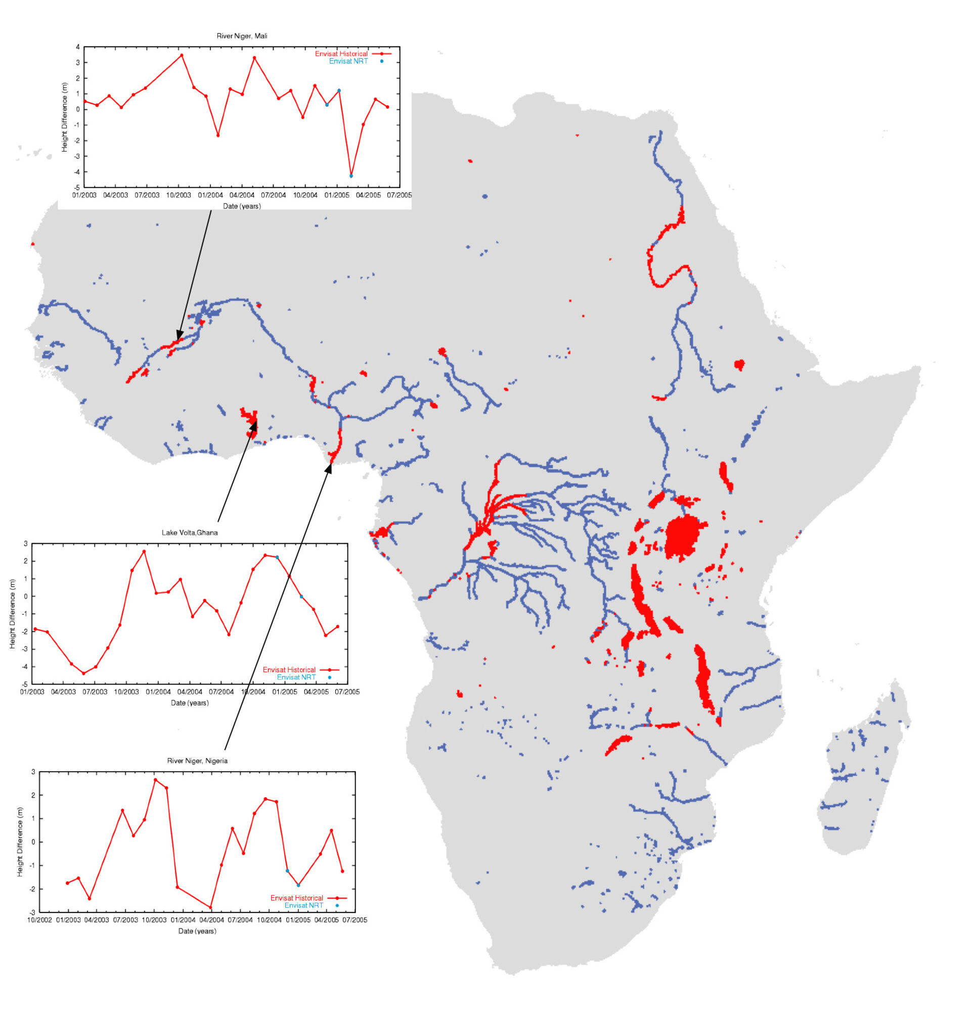 Altimetry-derived rivers and lake levels