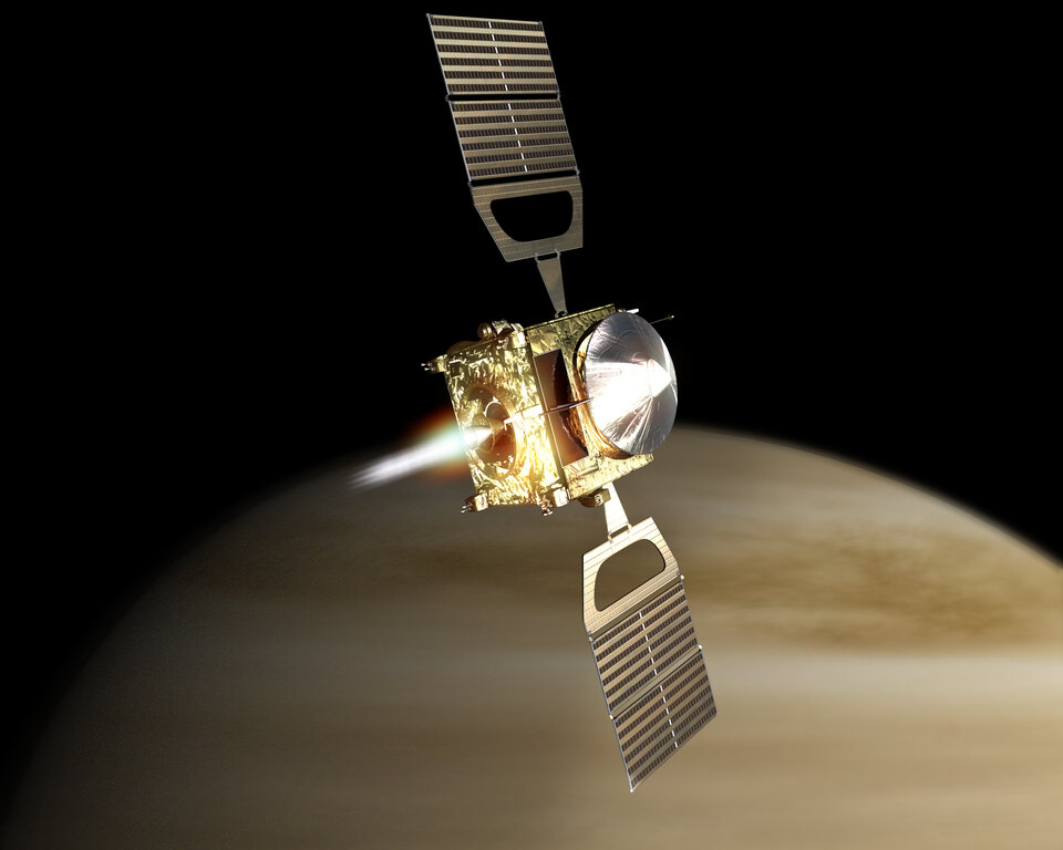 Representación artística de la maniobra de inserción orbital de Venus Express