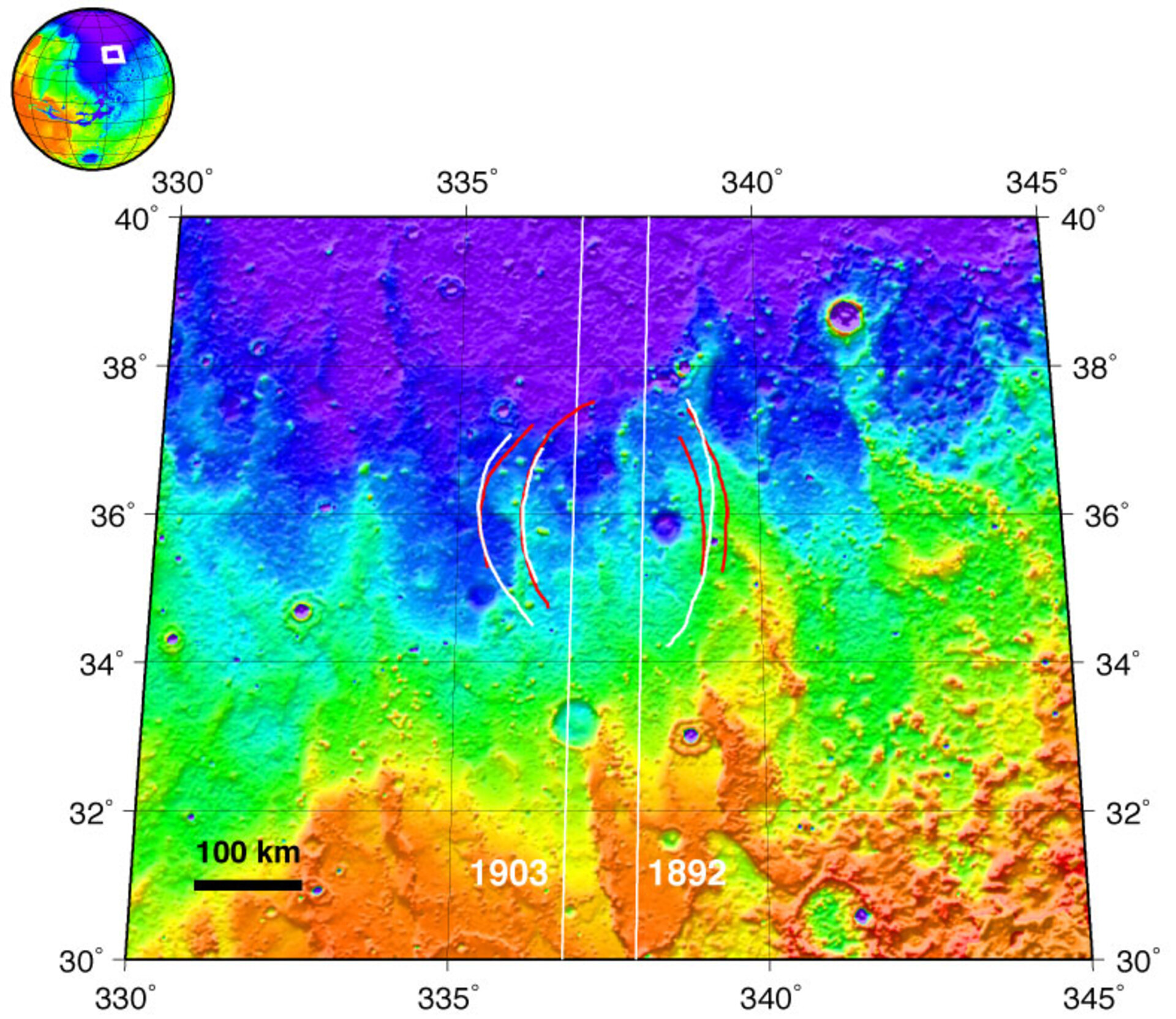 Midt i dette kort over Chryse Planita aner man omridset af det begravede krater.