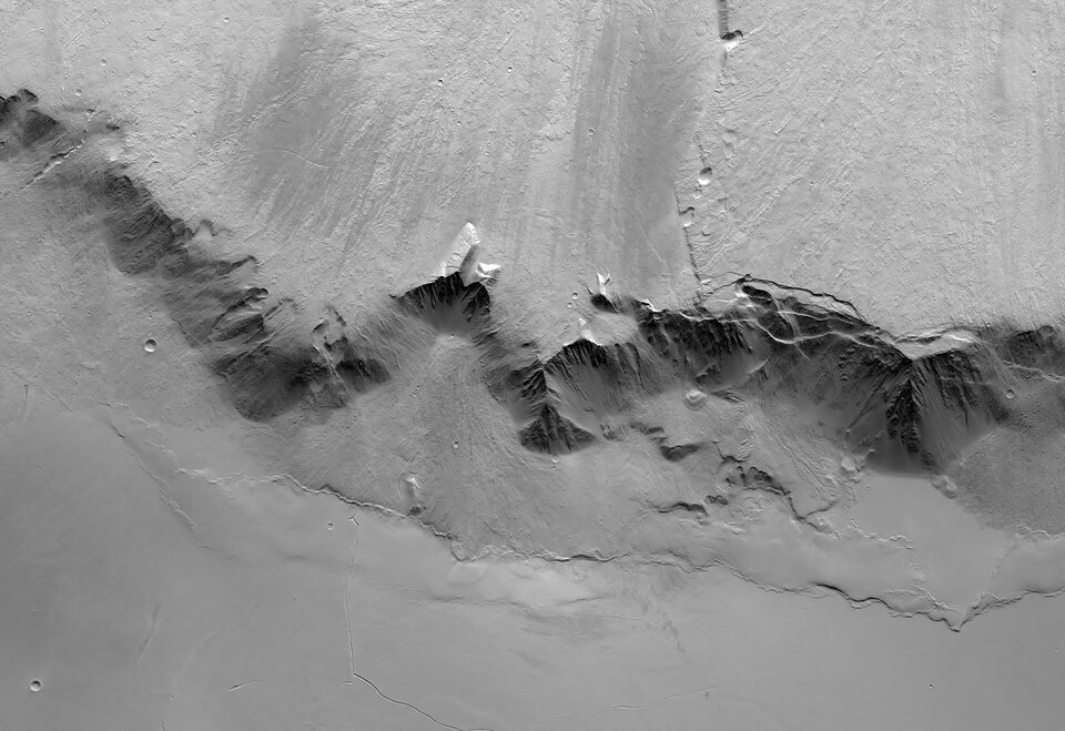 Black and white view of eastern scarp of Olympus Mons