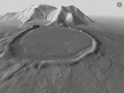 Black and white animated look at the 'hour glass' crater on Mars