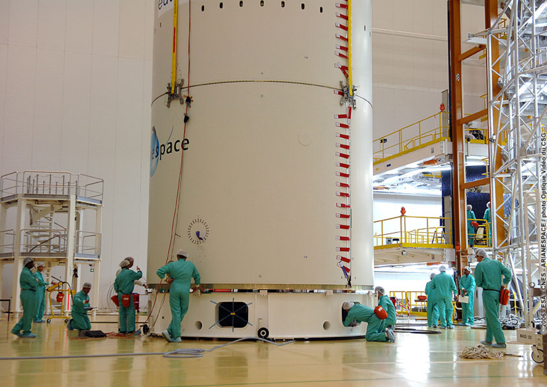 The SPAINSAT satellite is encapsulated on top of the Ariane 5 launcher