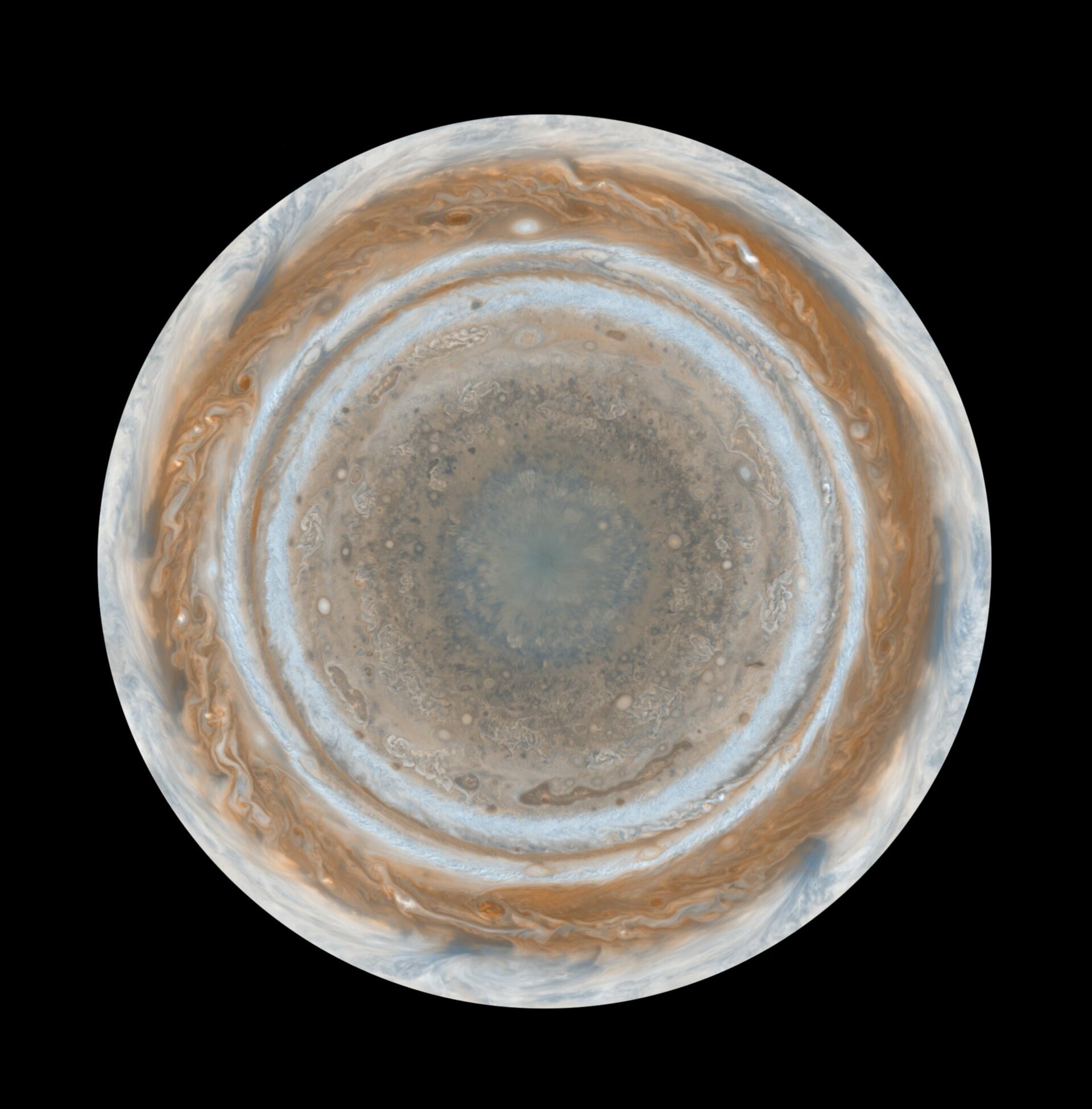 North polar stereographic projection of Jupiter seen from Cassini-Huygens