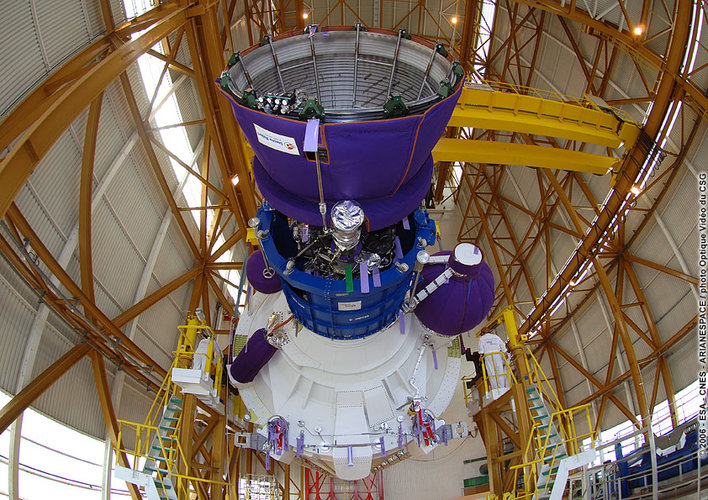 The Core Cryogenic Stage for Ariane 5 is hoisted into vertical position in the Launcher Integration Building