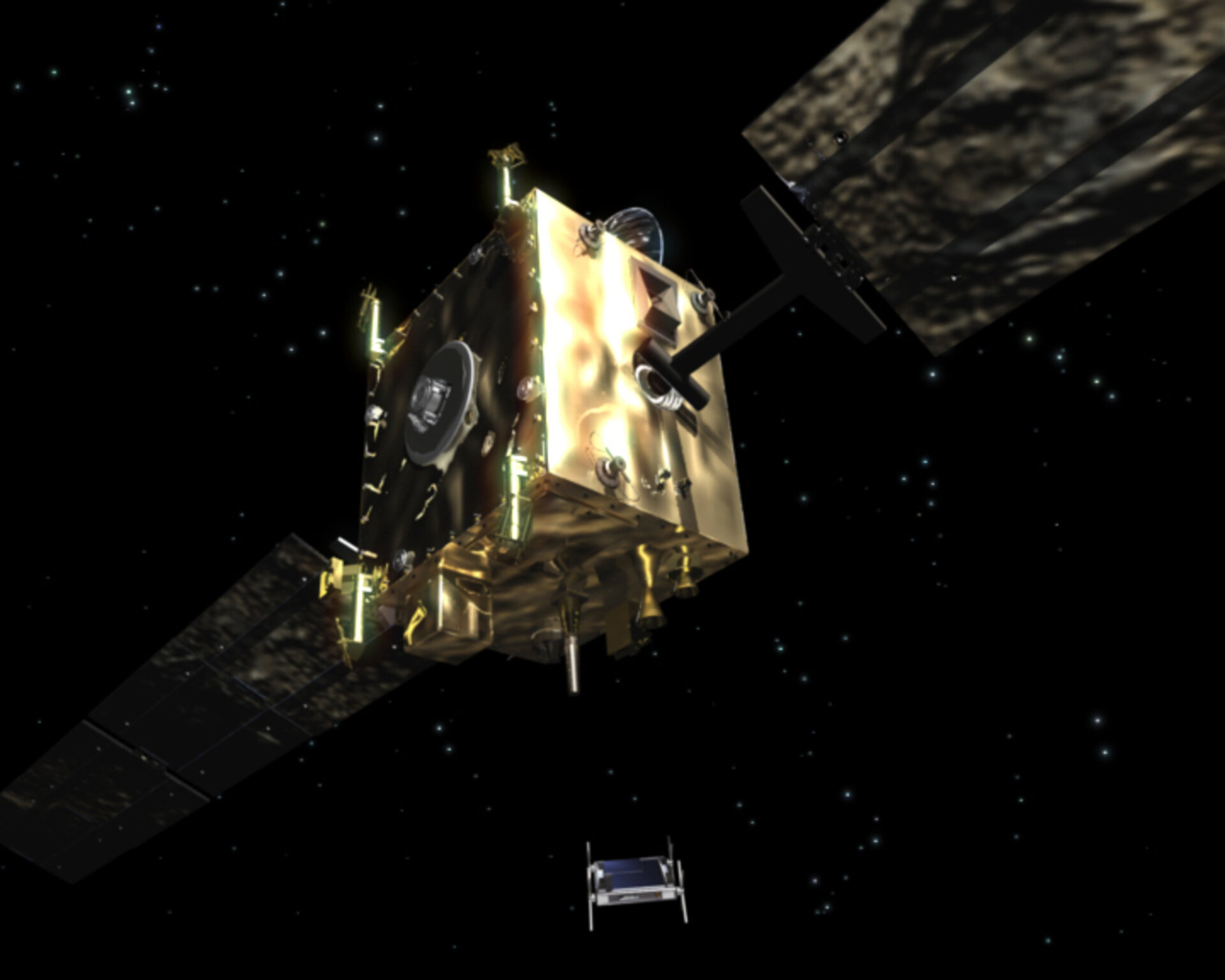 The Orbiter (Sancho) releases the Autonomous Surface Package onto the asteroid