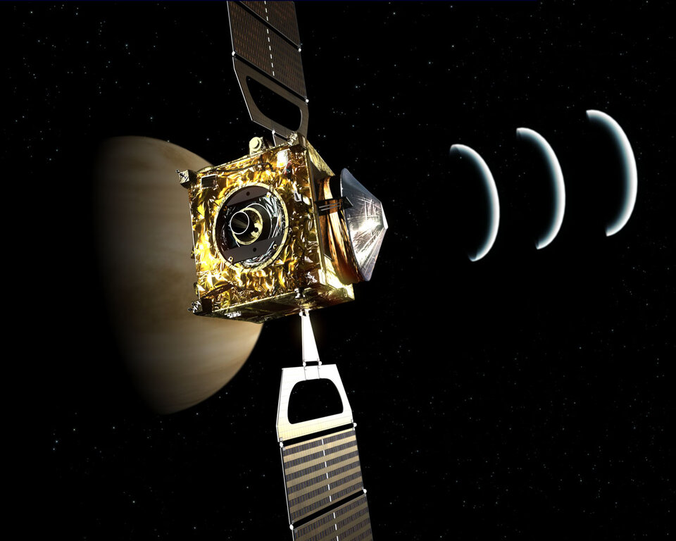 Artist's view of Venus Express communicating with Earth