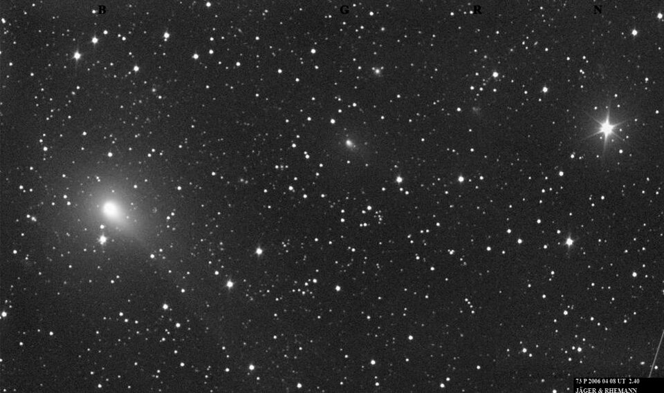 Ground based view of breaking-up Comet 73P/Schwassmann-Wachmann 3