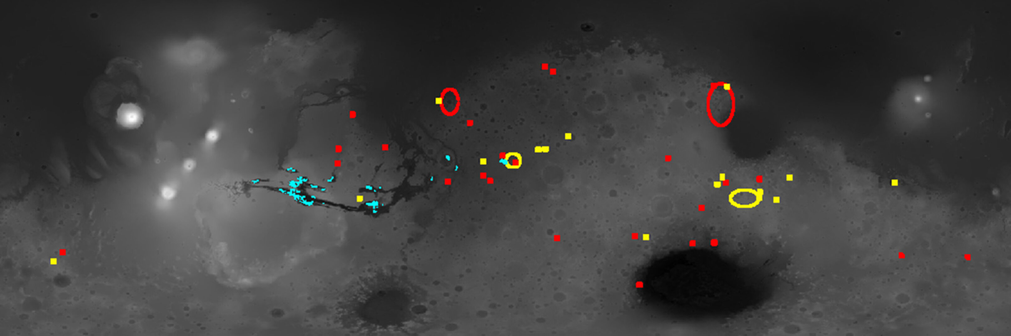 Områder hvor Mars Express har fundet mineraler, der har været i kontakt med vand.