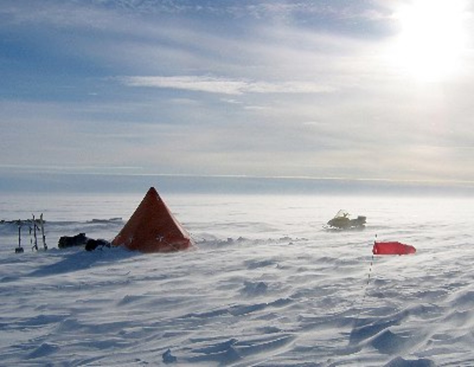 Windy conditions at base camp on the Greenland ice cap