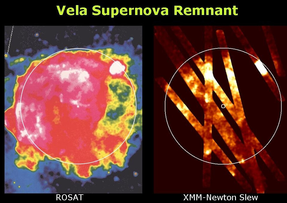 Velan supernovajäänne ROSATin ja XMM-Newtonin ottamassa kuvissa: uudet havainnot ovat tarkempia, mutta eivät kata vielä koko sumua.