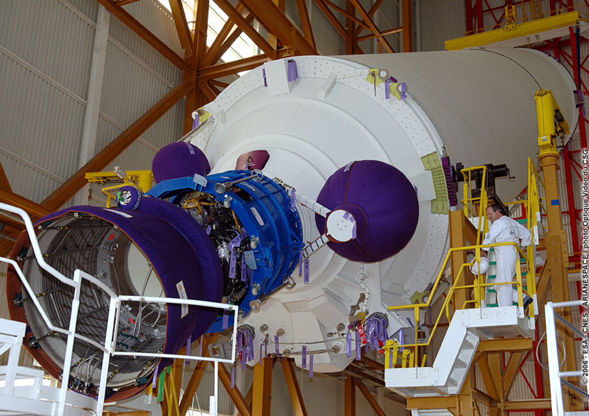 Ariane 5 main stage being hoisted into vertical position