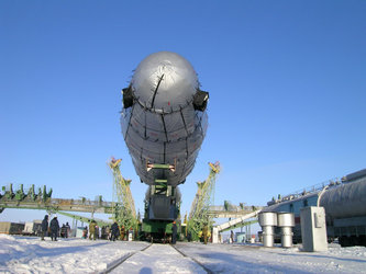 Soyuz launcher being moved to launch pad