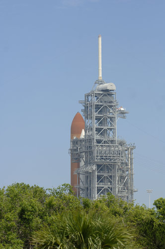 Space Shuttle Discovery stands ready on Launch Pad 39B at NASA's Kennedy Space Center, in Florida