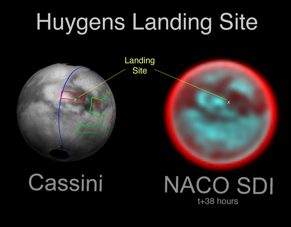 De landingsplaats van Huygens op basis van gegevens van Cassini en de Very Large Telescope (VLT) in Chili