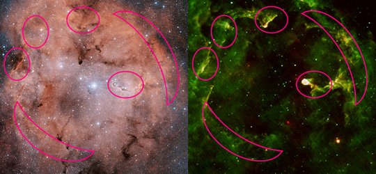 Comparison of visible and infrared images of reflection nebula IC1396