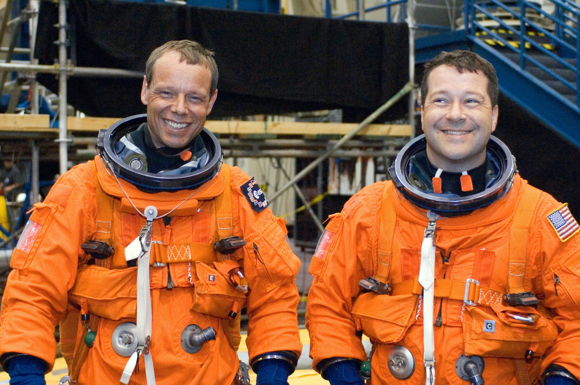 Fuglesang and Patrick prepare for emergency egress training