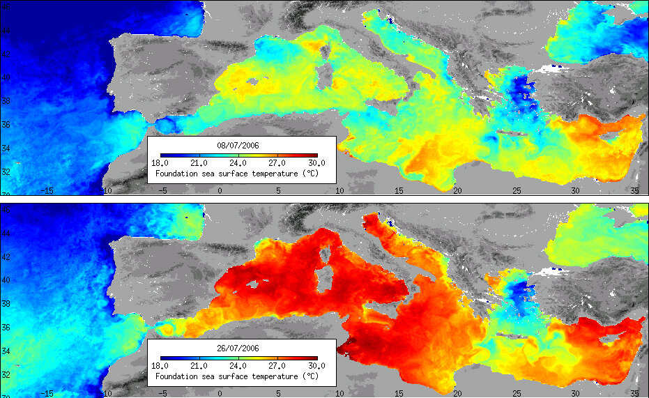 Mappa delle temperature superficiali dei mari dal 8 al 26 luglio del 2006