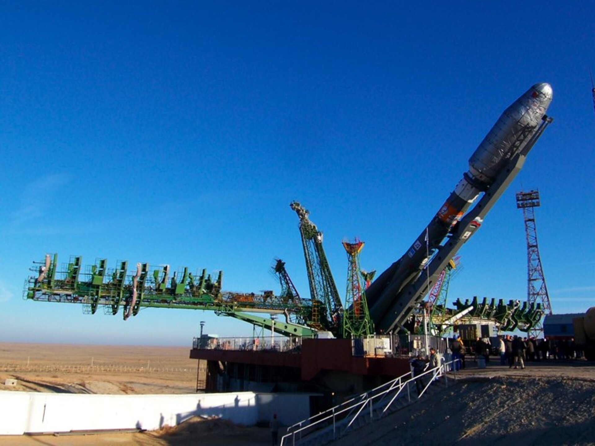 Launcher being erected at launch tower