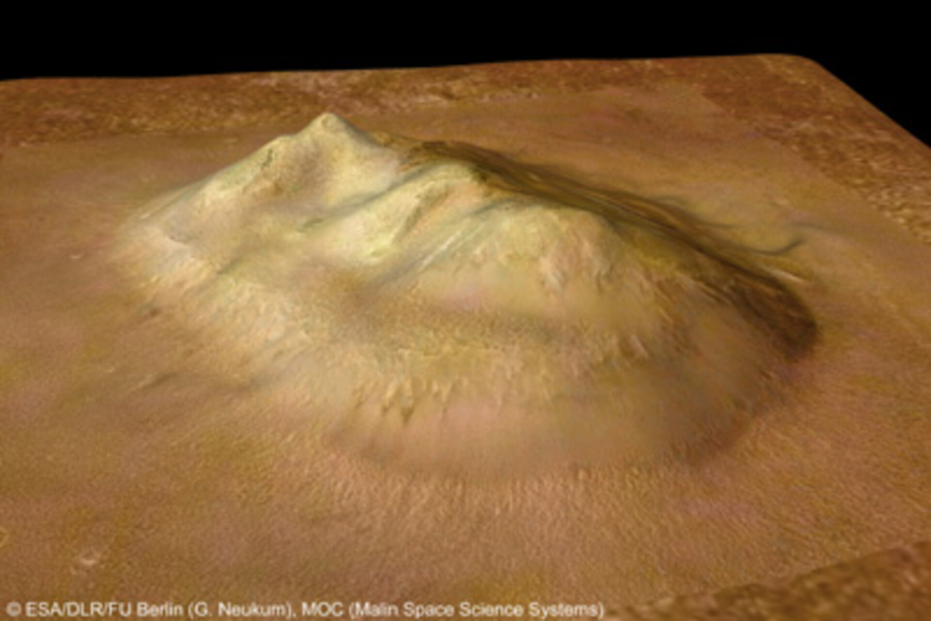 "Marsgesicht" in perspektischer Ansicht, aus Daten der HRSC und des Mars Global Surveyor (Nasa) errechnet