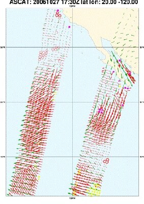 Eerste windvelden ASCAT satterometer van de weersatelliet MetOp