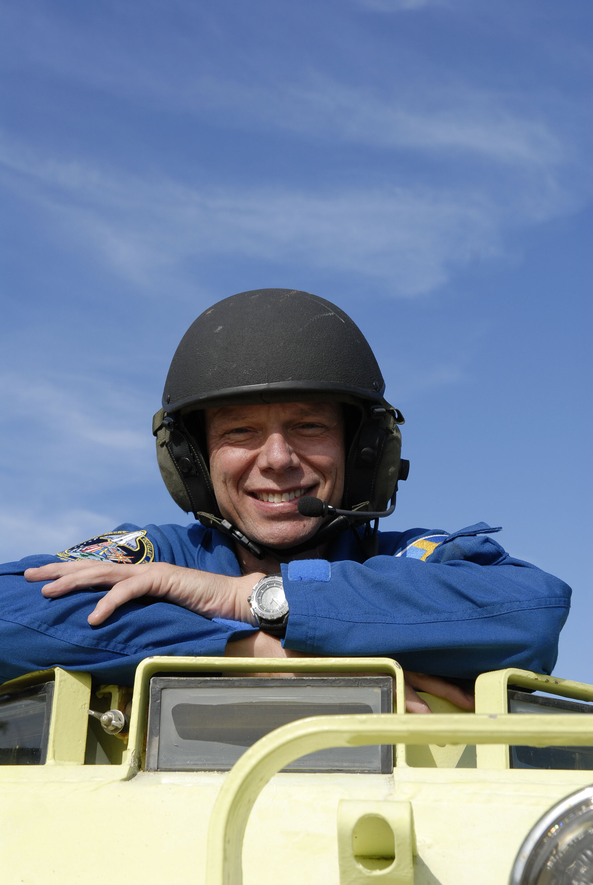 ESA astronaut Christer Fuglesang practices driving an emergency evacuation vehicle