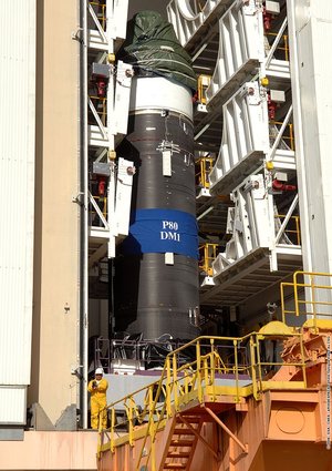 Vega first stage engine leaving booster integration building